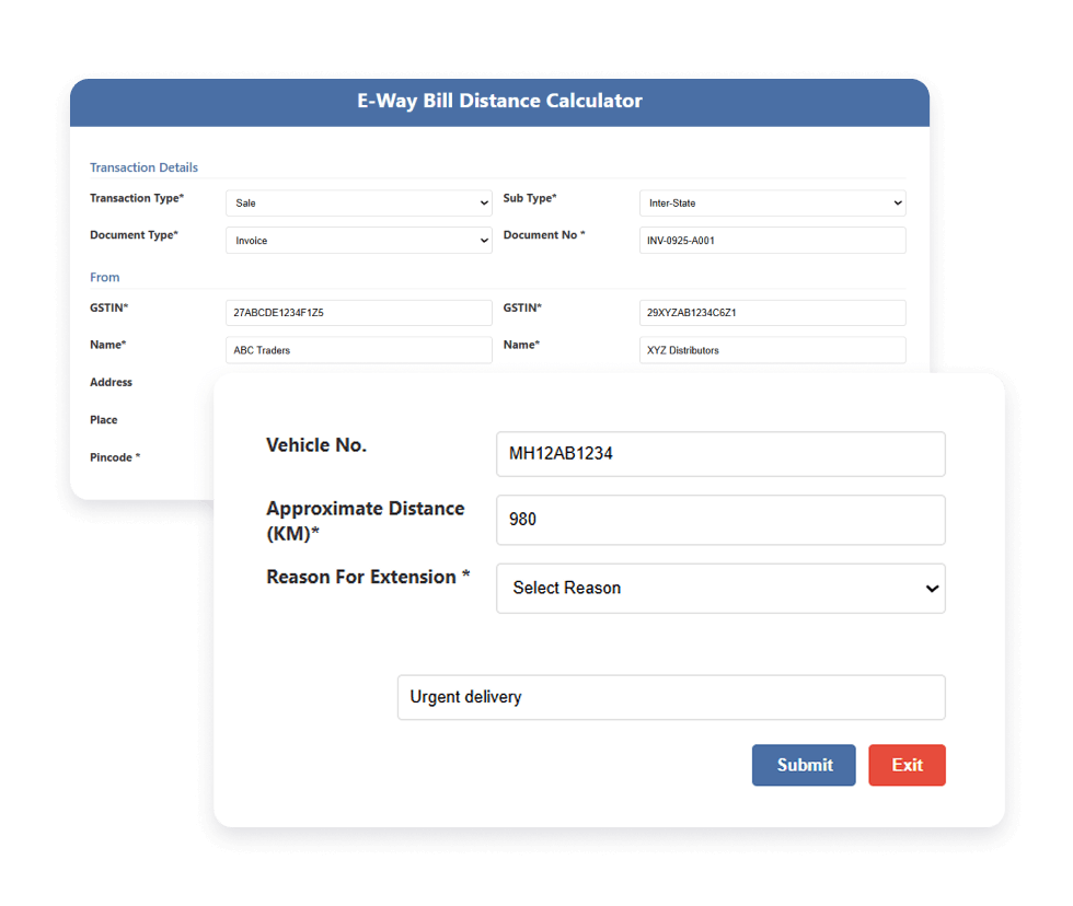 Transaction and transport data filled in the E-Way Bill Calculator: sale from Mumbai to Bangalore, 980 km, other cargo, road transport