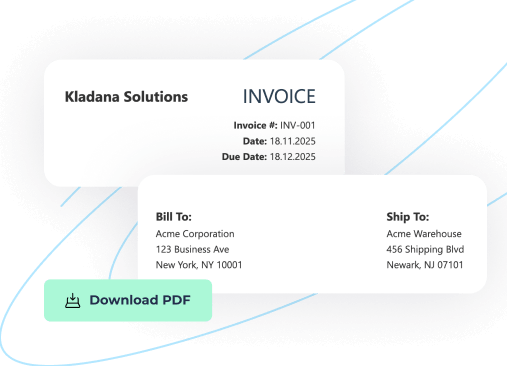 Preview of a sample invoice generated with Kladana’s Invoice Generator, showing invoice number, dates, billing and shipping details, and a Download PDF button