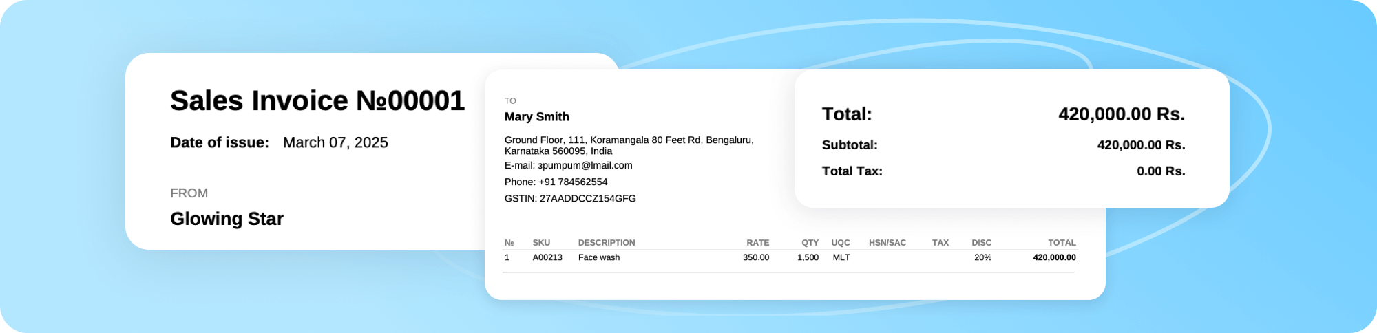 Sample sales invoice created in Kladana ERP showing customer details, product description, rate, quantity, tax, and total amount in rupees
