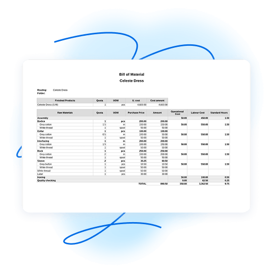 Printable BOM form showing raw materials, quantities, costs, and standard hours for quality checks and documentation