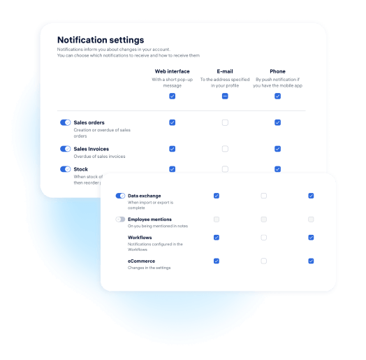 Notification settings for stock, sales, tasks, and data sync via web, email, or phone