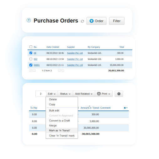 Purchase order list showing item status marked as In Transit