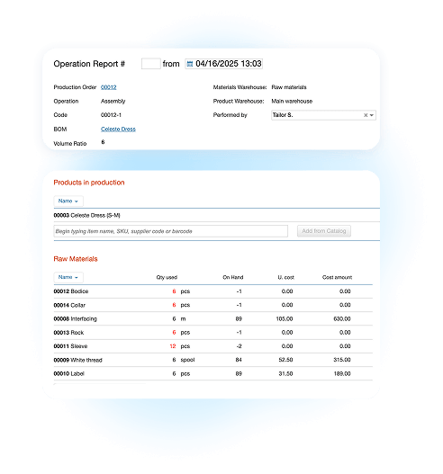 Operation report showing raw material usage and cost calculation during dress production