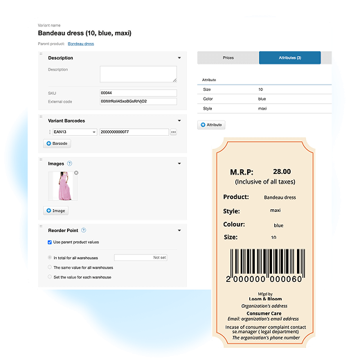 Product card for a dress showing item image, variants by size, colour, and style, along with pricing and barcode
