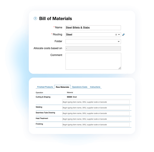 Multi-level bill of materials (BOM) for steel production with raw materials, operations, and cost tracking
