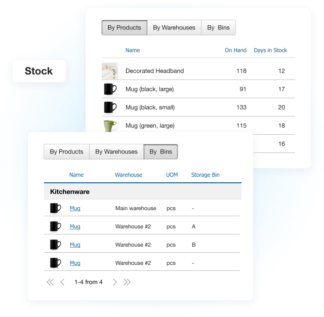 Real-time stock tracking, average inventory days, and full warehouse analytics