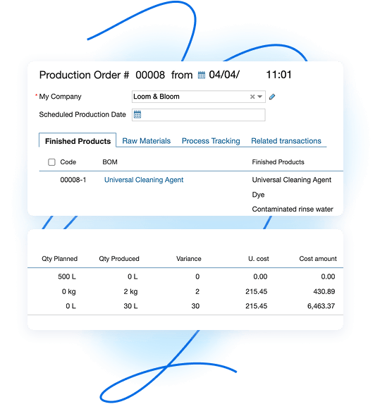 Cost breakdown for a specific production order including material, labor, and operational expenses