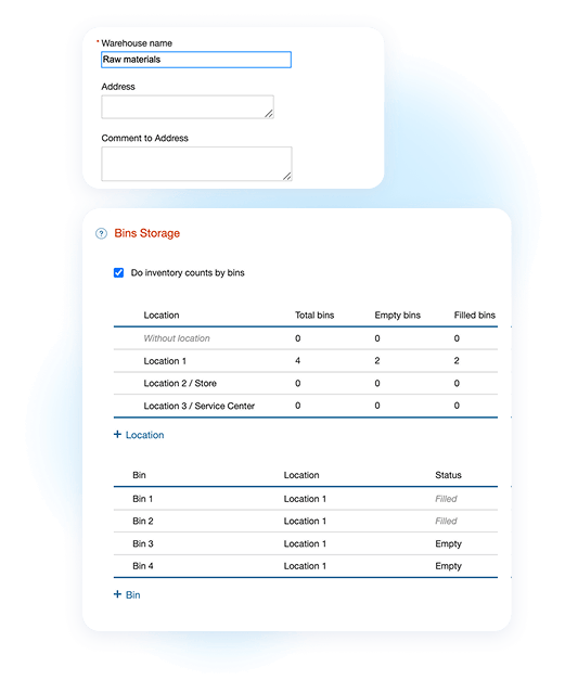 Bin raw material storage with precise location tracking across warehouses, stores, and service points
