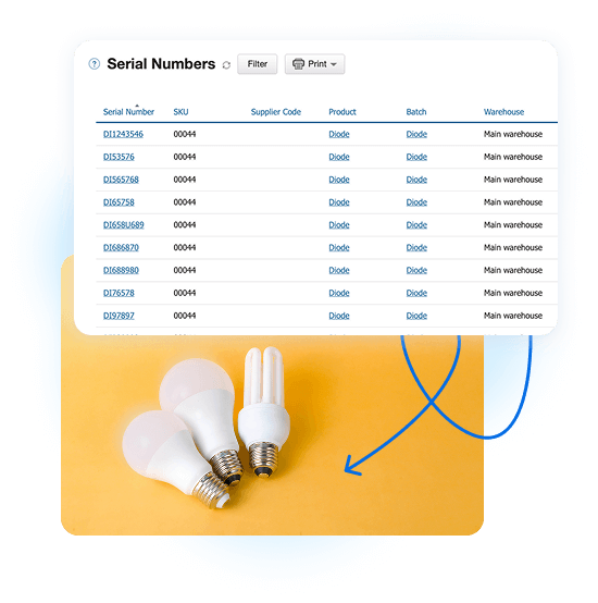 Track serial numbers and batches with linked warehouse locations, inventory movements, and vendor or customer records