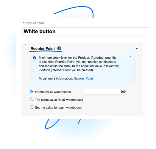 Reorder point setup for minimum stock level in a specific warehouse with automated replenishment alerts