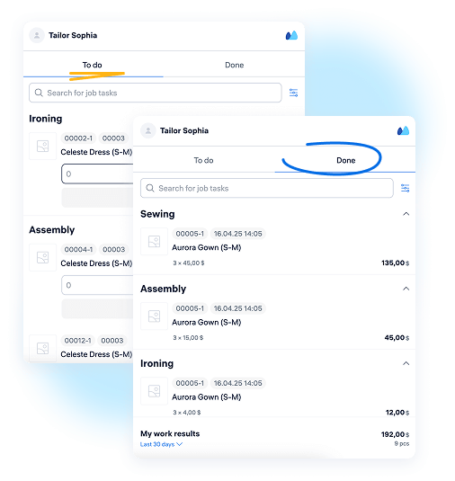 Shop Floor App view for an employee showing assigned operations like sewing, assembly, and ironing, along with task-based earnings for a selected time period