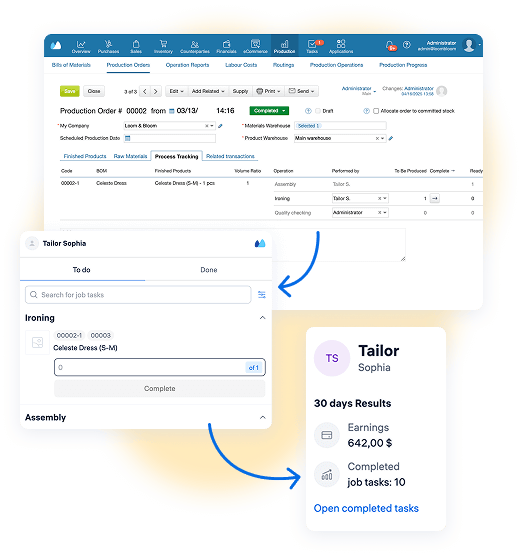 Manager assigns tasks linked to dress production in Shop Floor App, including assembly and ironing, and tracks completed operations and employee earnings