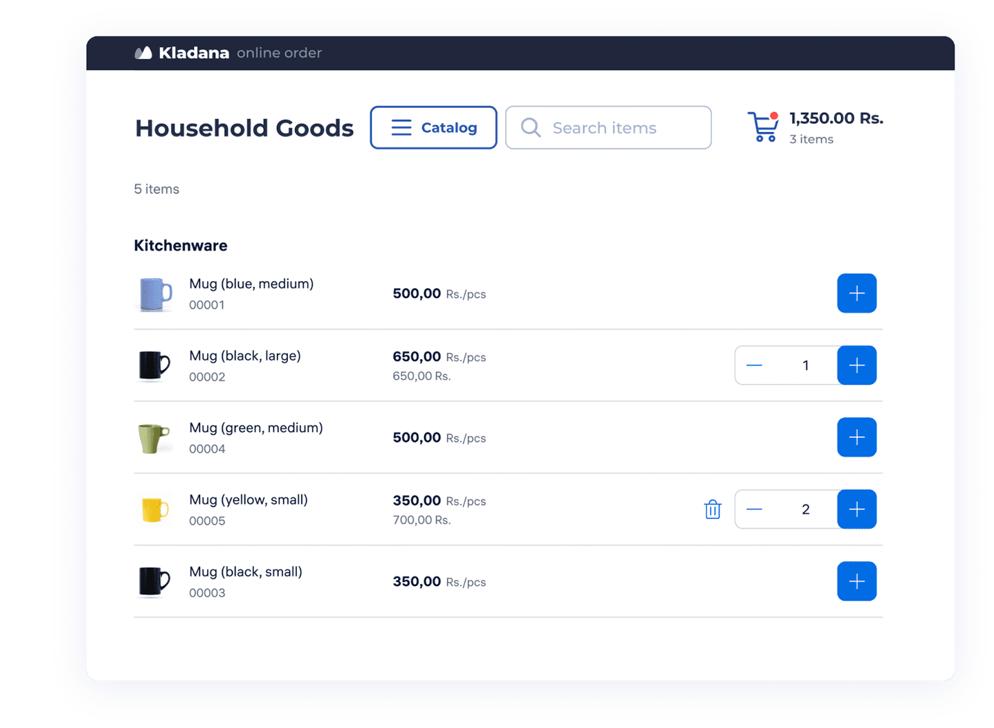 Kladana Online Order App interface showing adding products and creating separate price lists for B2B clients