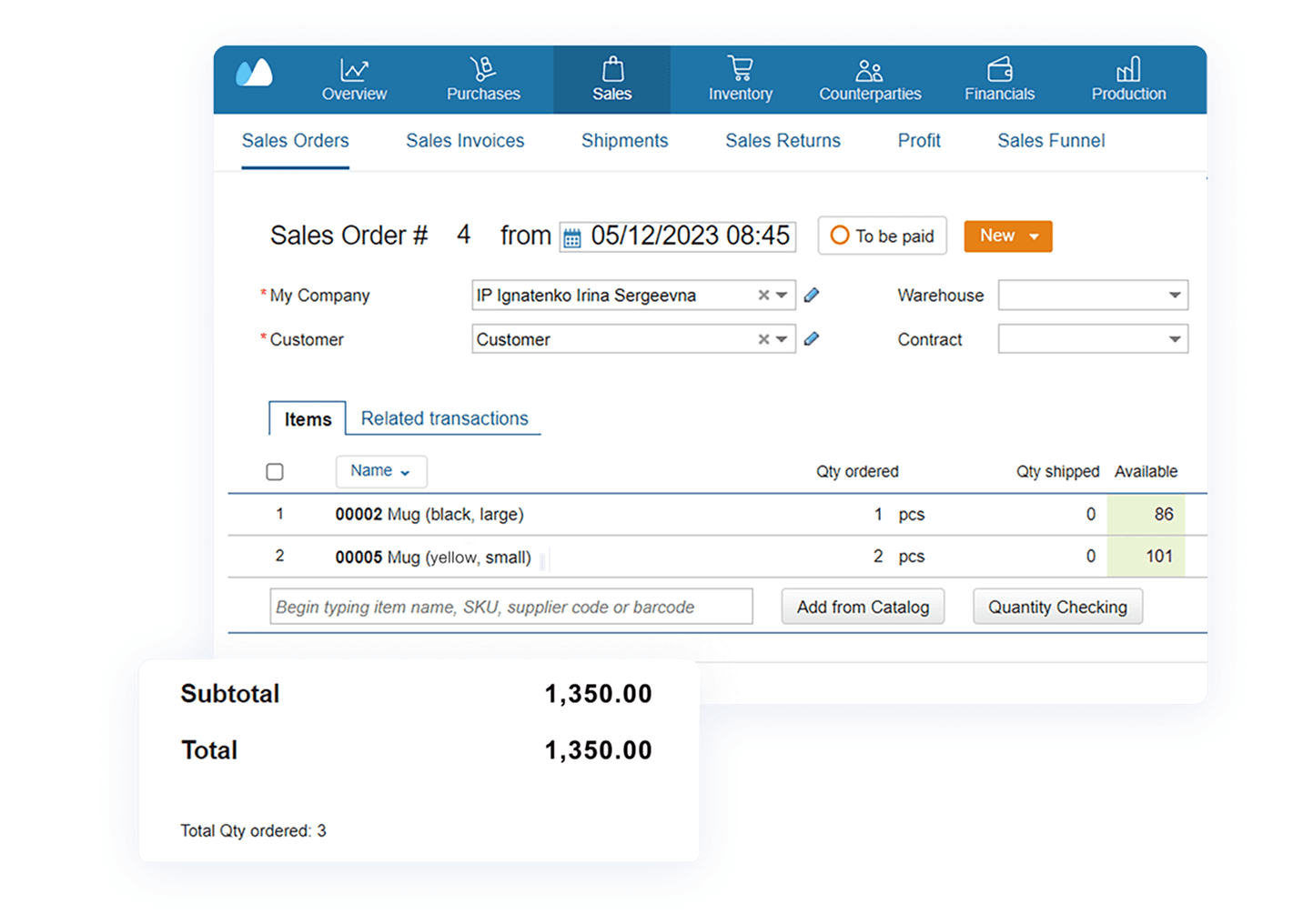 Kladana ERP interface showing how wholesale orders from the Online Order App appear and are processed