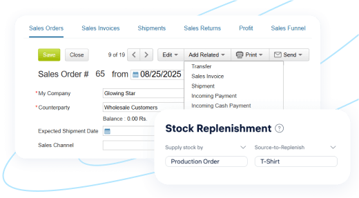Screenshot of Kladana ERP showing Make-to-Order production from sales orders and stock replenishment settings