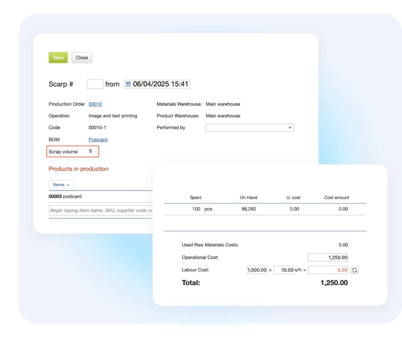 Track scrap and deviations in production orders to control costs and improve manufacturing efficiency