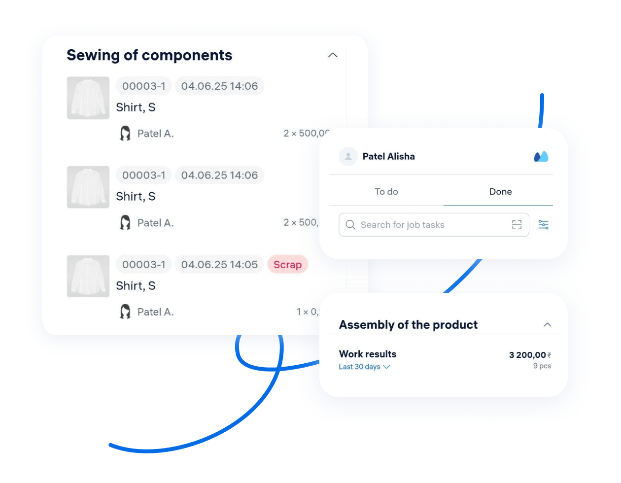 Shop floor task list showing completed and scrap operations, earnings, and job details in Kladana