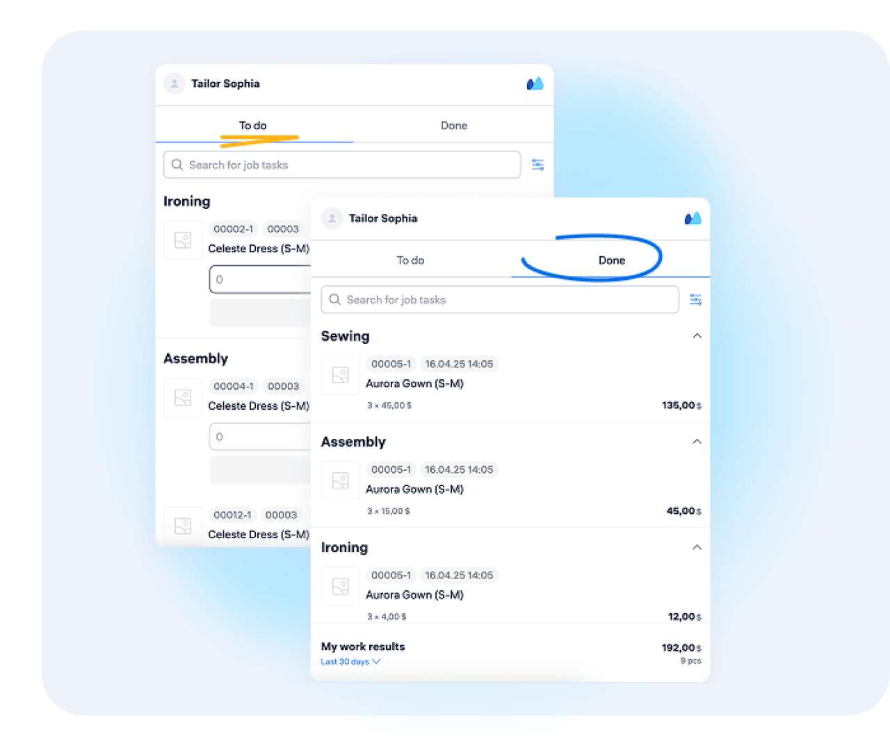 Shop Floor App view for a worker showing assigned operations like sewing, assembly, and ironing, along with task-based earnings for a selected time period