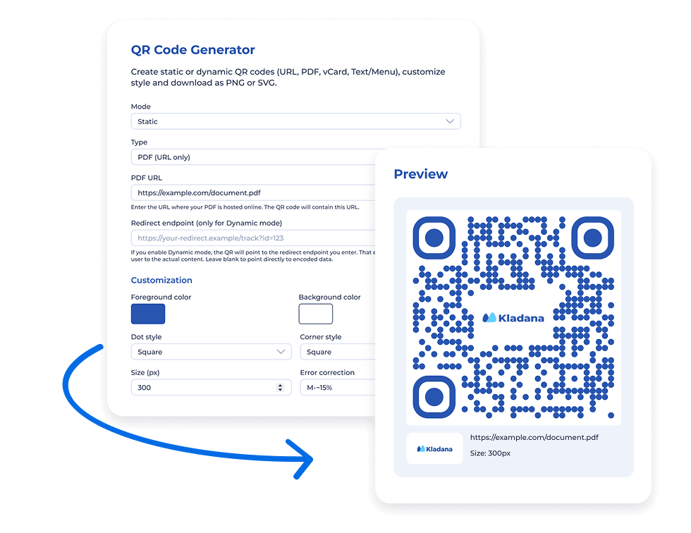 Screenshot of free online QR code generator with customization options and logo upload