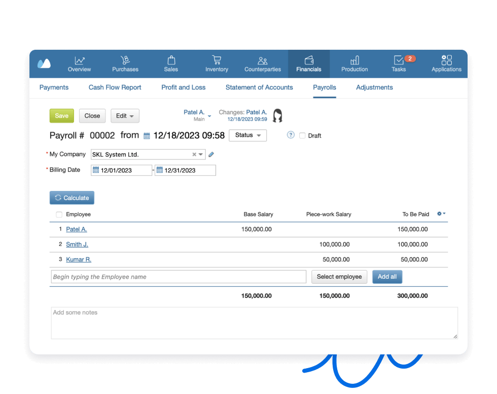 Screenshot showing payroll records in Kladana ERP, including salary entries, payouts, and employee salary details