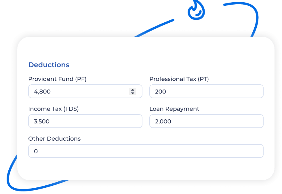 Screenshot of the salary slip generator showing fields for PF, PT, income tax, loan repayment, and other deductions