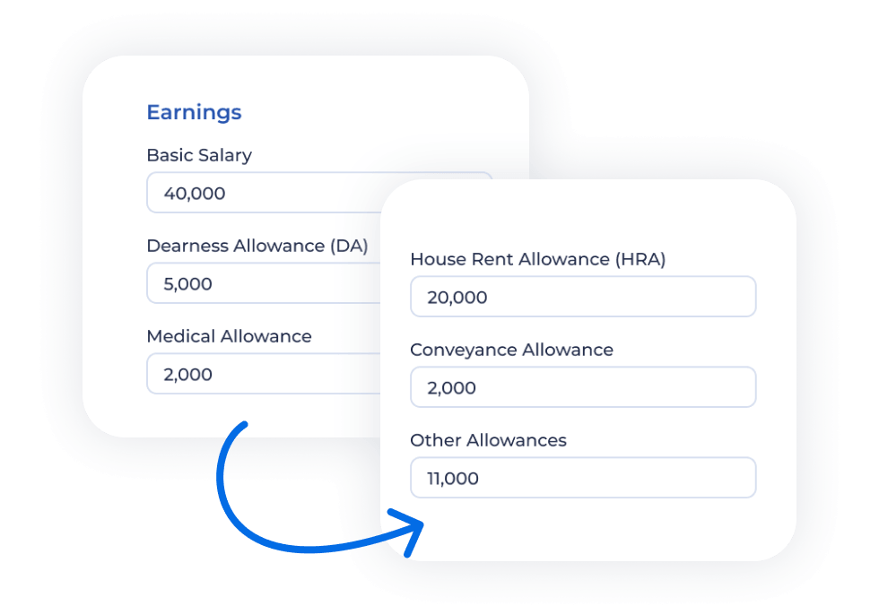 Screenshot of the salary slip generator showing fields for basic salary, allowances, bonuses, and other earnings components