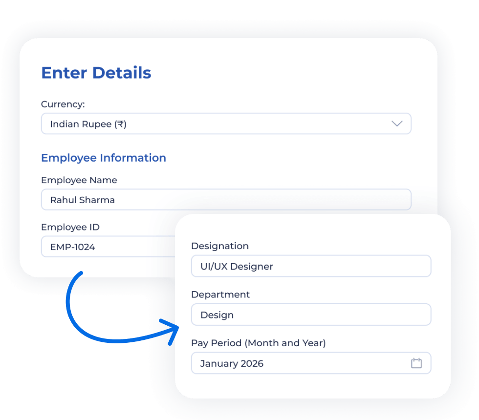 Screenshot of the salary slip generator showing employee details, designation, department, currency selection, and pay period fields