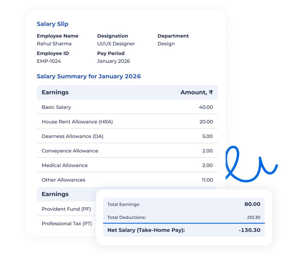 Screenshot of a generated salary slip showing earnings, deductions, total amounts, and final net salary for November 2025