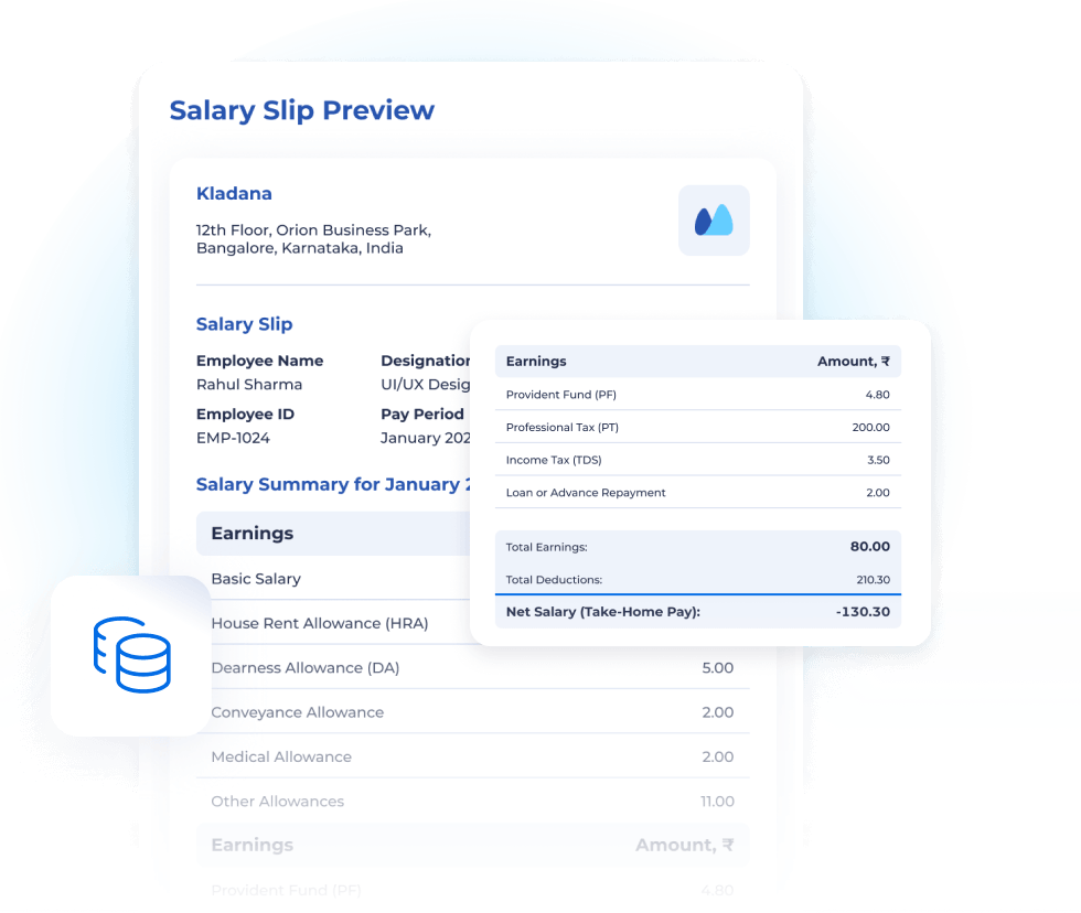 Illustration showing a salary slip preview in Kladana with employee details, earnings, deductions, and net salary in Indian rupees