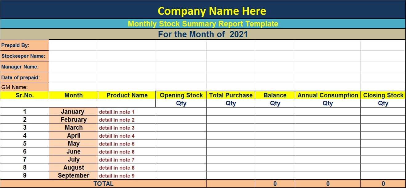 Monthly Stock Summary Report Template A screenshot showing an Excel template for monthly stock summary report