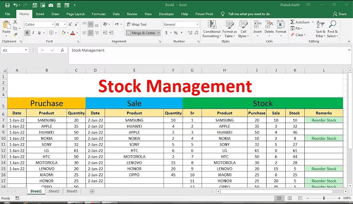 Stock Management Spreadsheet A table representing how stock management can be maintained in Excel