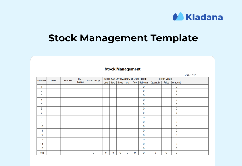 Stock Management Template Preview A screenshot of a spreadsheet template for stock management