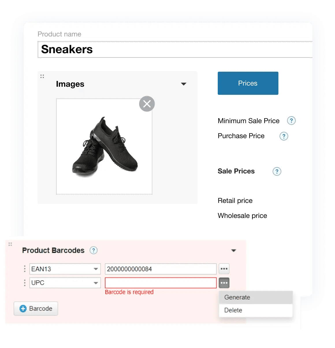 Kladana Product Barcodes Different barcode types that can be generated for an item and its variants.