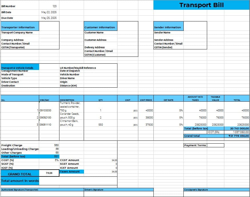 Transport Bill Template The screenshot showing the spreadsheet with the transport bill