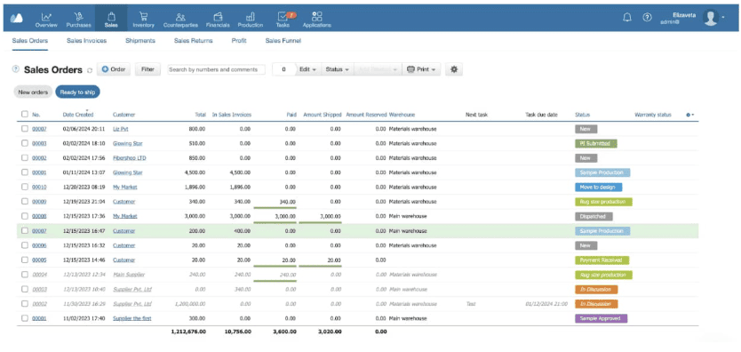 Kladana Sales Orders List Example The screenshot showing the example of a sales orders list in Kladana ERP