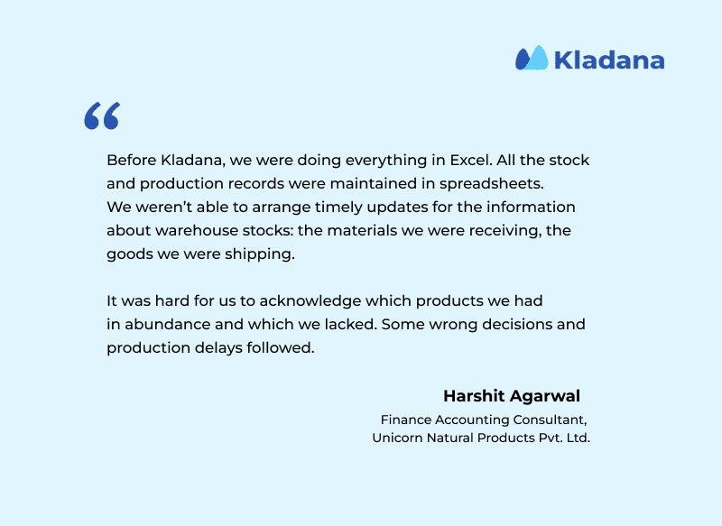 Quote of Harshit Agarwal on Excel Inventory Management A screenshot demonstrating a quote of Harshit Agarwal on the shortcomings of the Excel inventory management