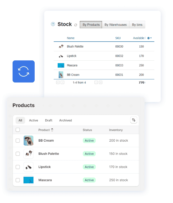 Kladana Shopify Integration Module The screenshot showing the stock and products menus synchronized in Shopify and Kladana ERP