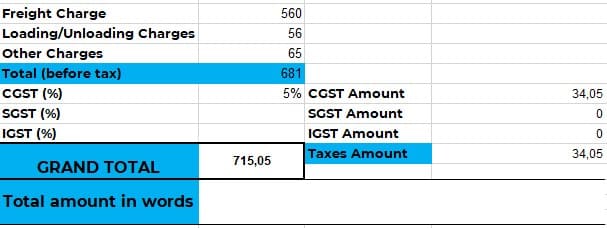 Freight and Other Transport Charges The screenshot showing the part of the transport bill template with freight and other transport charges