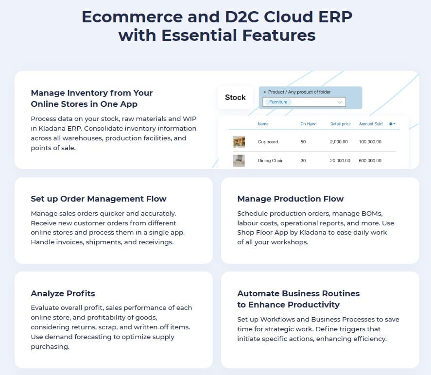 Disclosing the Features of Kladana for E-Commerce and D2C Businesses The screenshot showing the features Kladana provides for ecommerce and d2c businesses