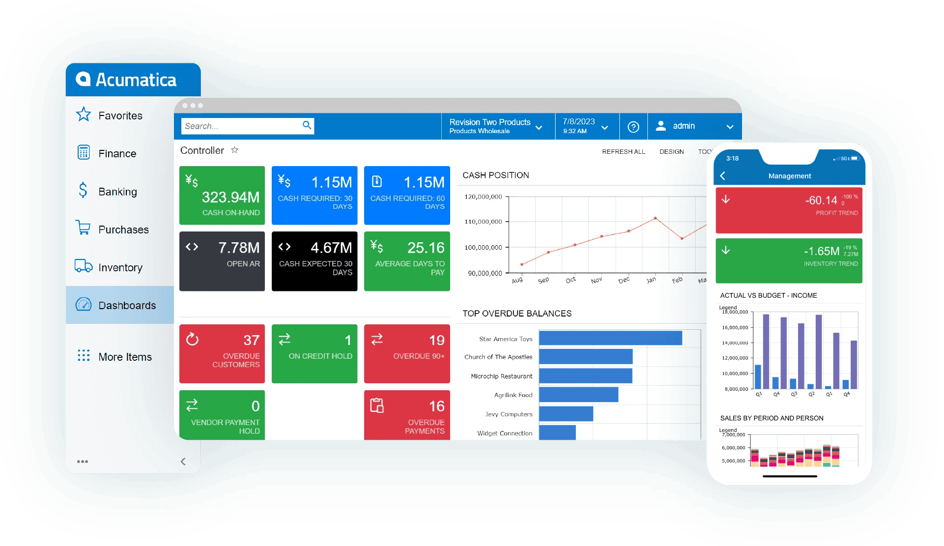 Acumatica Dashboard Dashboard displaying cash flow overview, overdue balances, and budget performance metrics