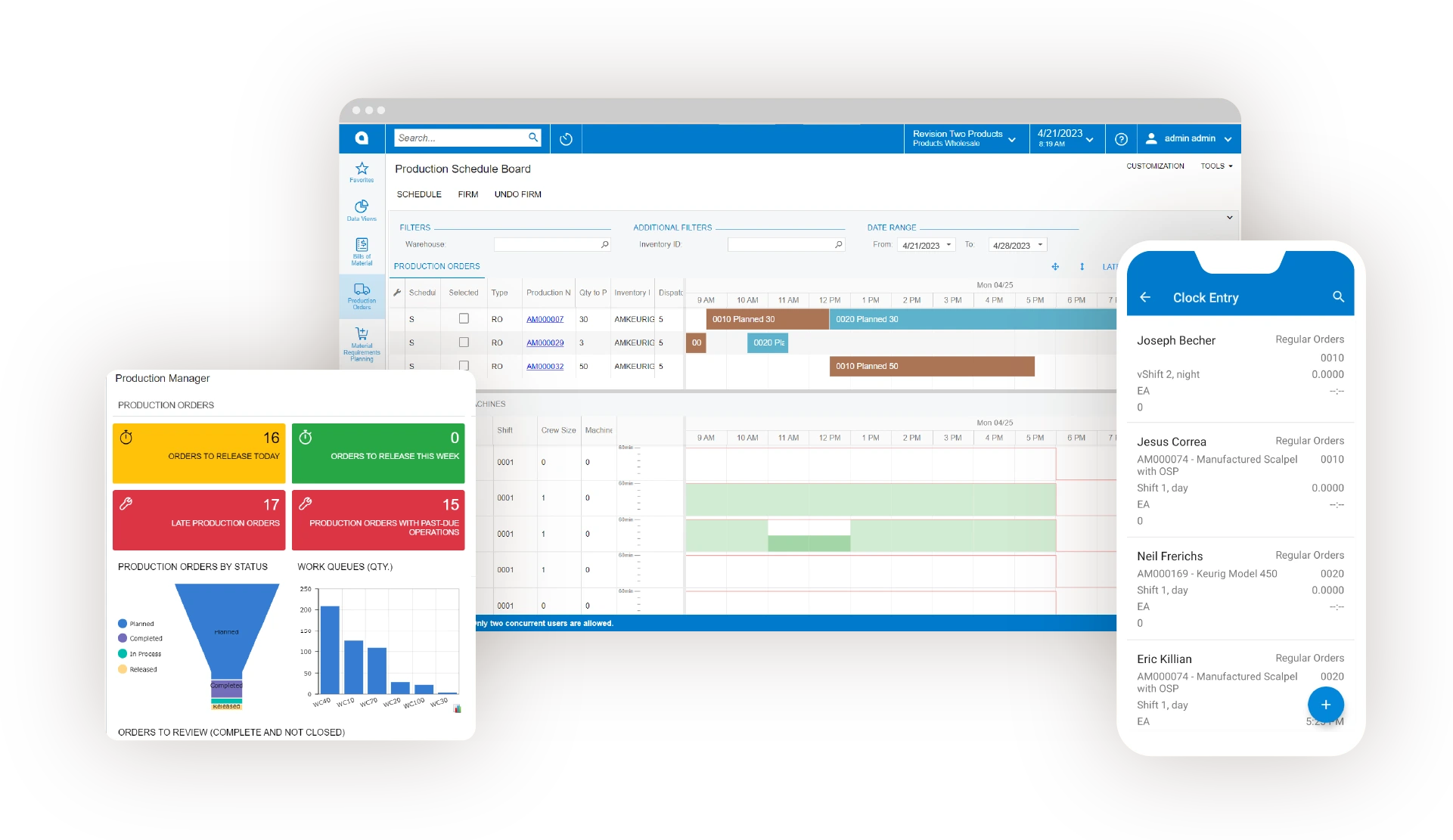Acumatica Production Schedule Dashboard Dashboard displaying production orders with scheduled dates, work queues, overdue operations, and assigned shop floor employees.