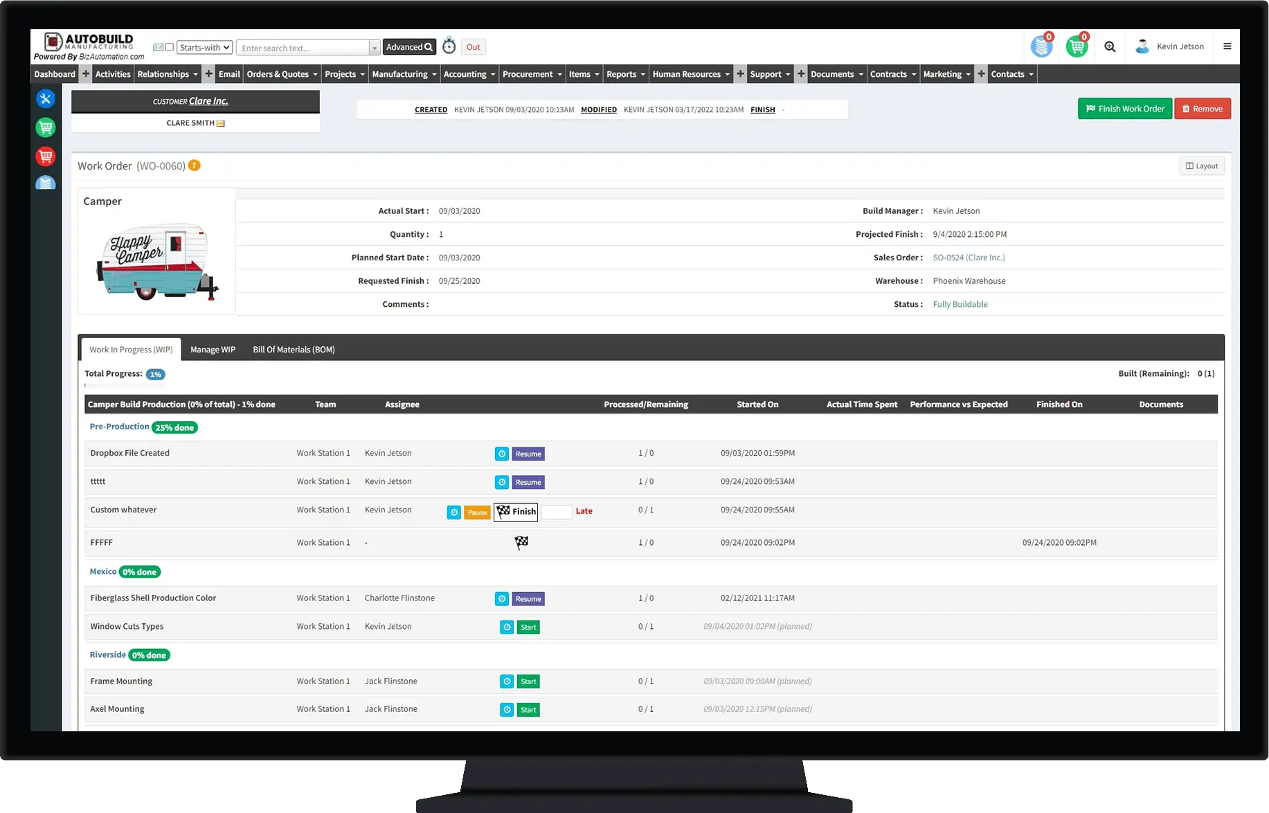 BizAutomation Manufacturing Dashboard Dashboard displaying BoMs, work-in-progress, workstations, assignees, processes and pending operations, actual vs. expected time, warehouse status, and linked sales orders and documents.