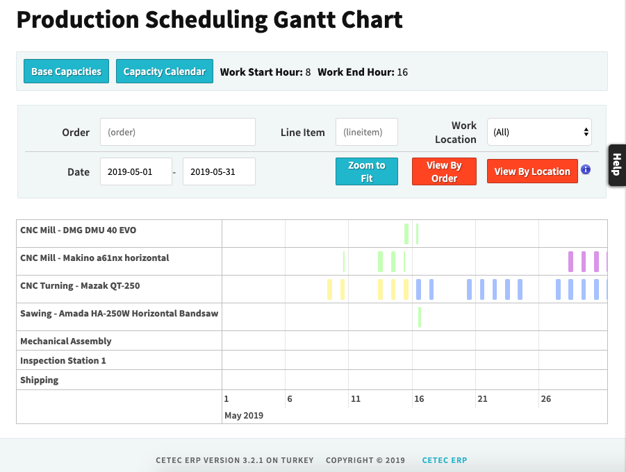 Cetec ERP Manufacturing Dashboard Production scheduling dashboard showing production schedule with capacity calendar, work start/end times, locations, and line items.