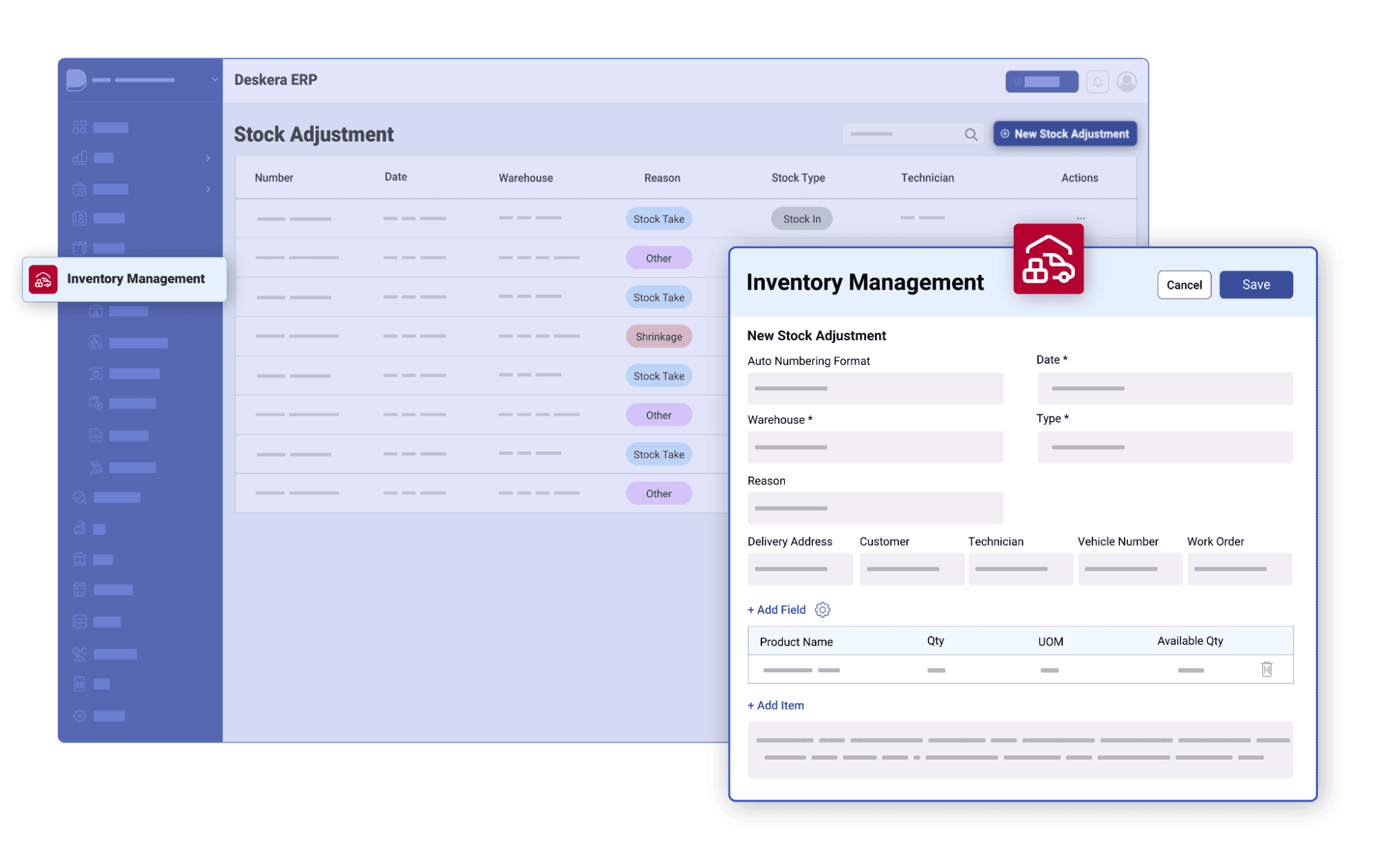 Deskera Inventory Dashboard Dashboard showing stock adjustment records with related warehouses, reasons, and linked work orders