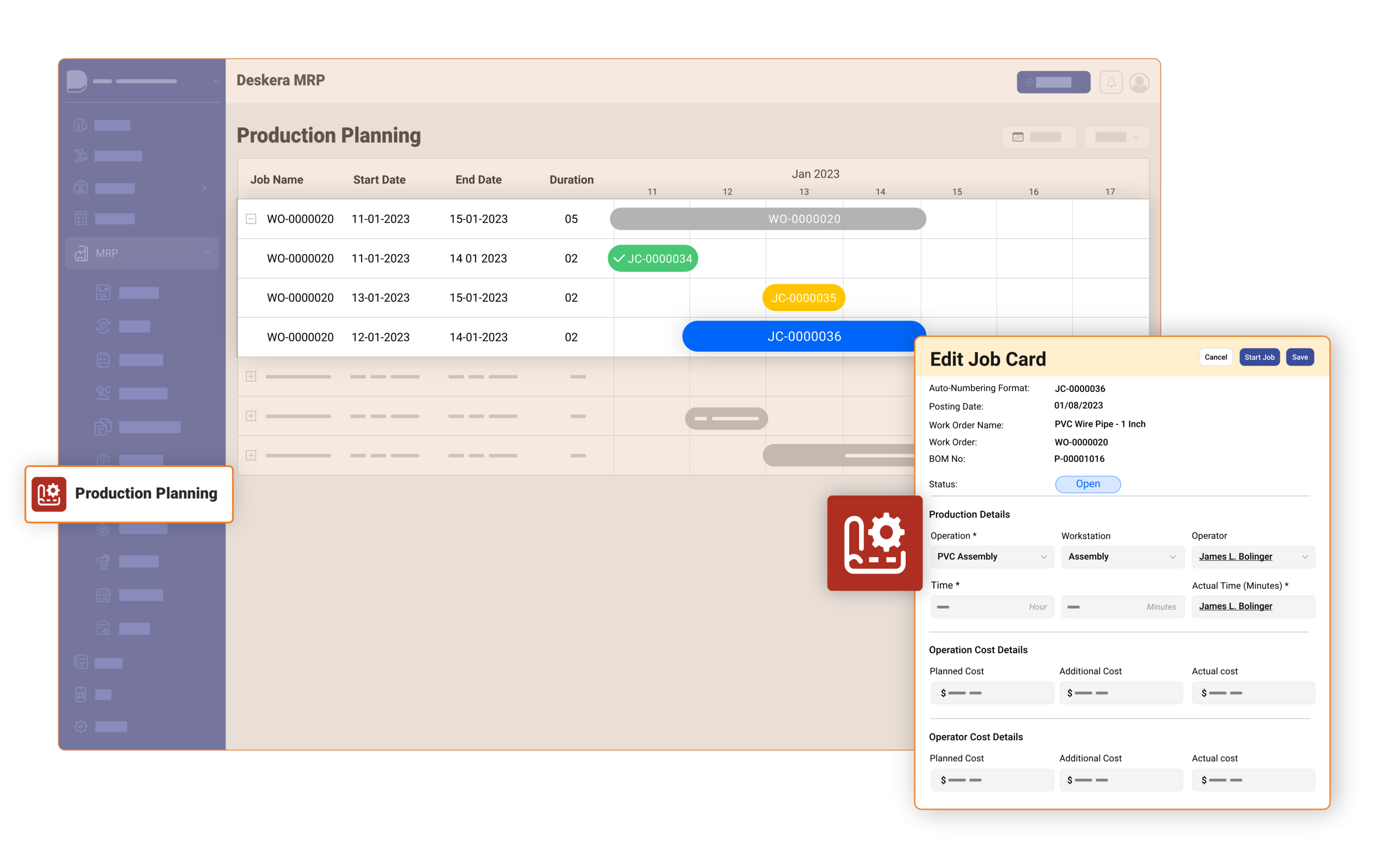 Deskera Production Dashboard Dashboard displaying production planning with job orders, scheduled dates, durations, and job cards detailing BoMs, workstations, operators, costs, and statuses.