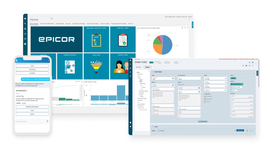 Epicor Manufacturing Dashboard Production dashboard displaying detailed production orders with statuses, schedules, and resource allocations.