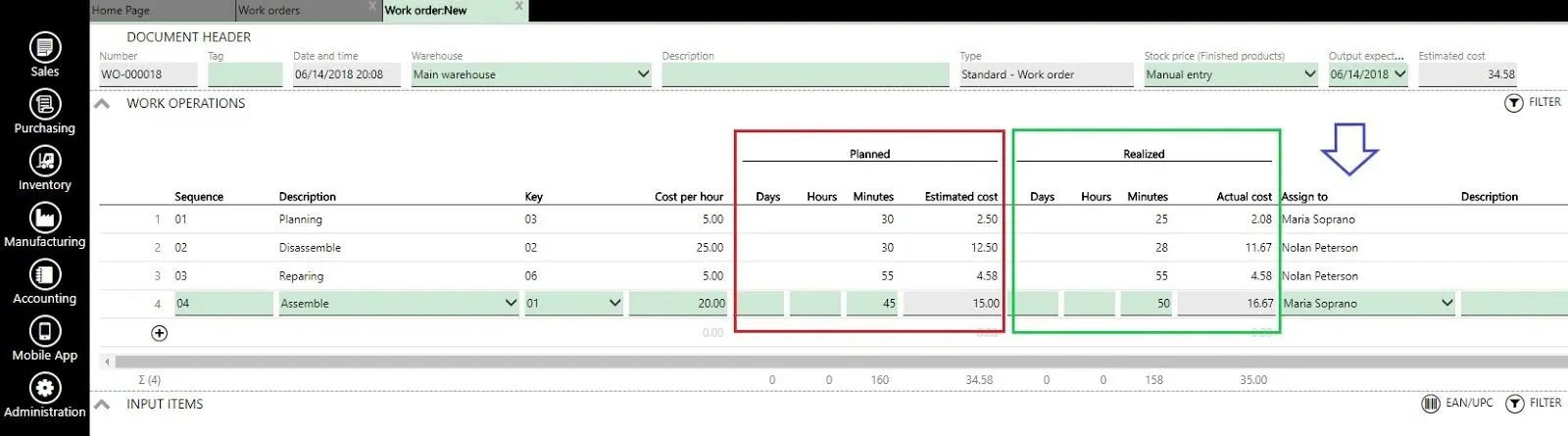 ERPAG Work Order List Dashboard showing work orders with task descriptions, hourly costs, assignees, planned vs. completed operations.