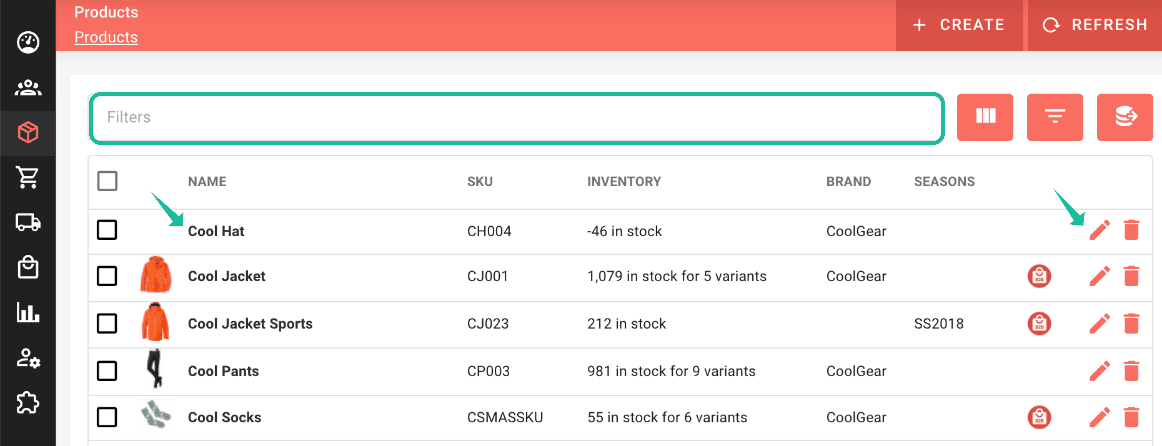Erplain Inventory Dashboard Inventory dashboard showing product images, SKUs, stock levels, brands, seasons, and related item details.