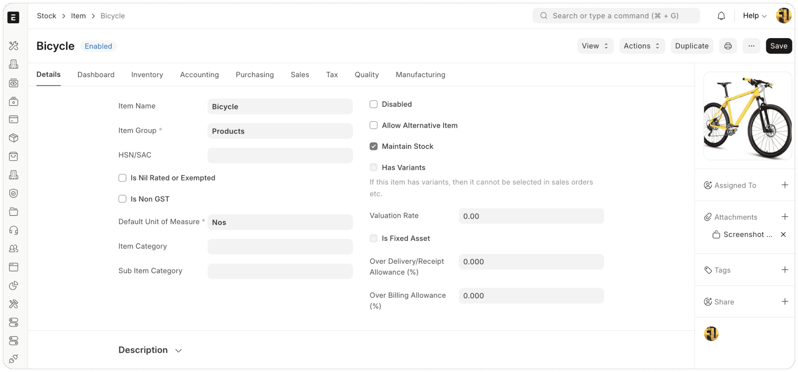 ERPNext Stock Dashboard Stock dashboard showing product images, pricing, categories, and related operations such as accounting, purchasing, sales, and manufacturing