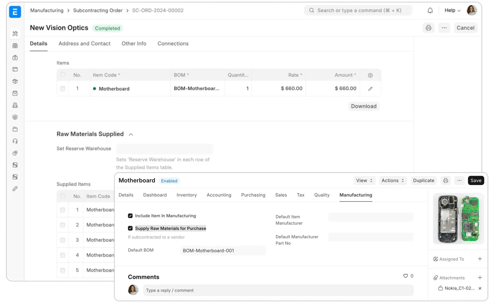ERPNext Subcontractor Order Subcontractor order displaying BOMs, finished goods, rates, amounts, delivery addresses, and raw material supplies